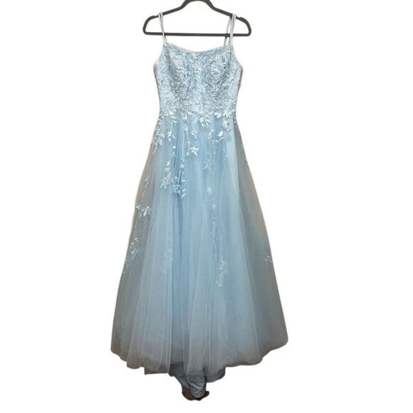 STACEES Cinderella blue prom/ wedding/ formal long mesh floral embroidered dres - Picture 8 of 9